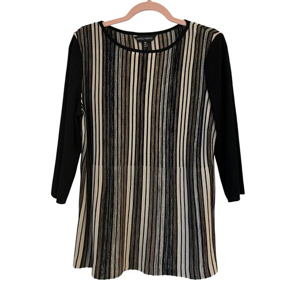 Ming Wang Contrast Pleated Stripe Knit Tunic Medium Large Black Sweater Office - Picture 1 of 9